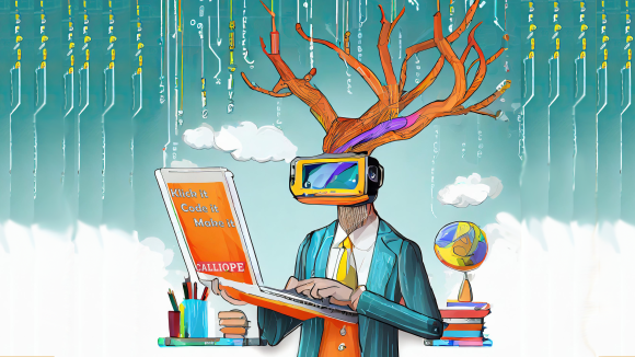 Mensch mit Hirschgeweih, 3-D-Brille und Laptop